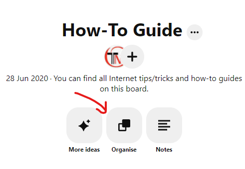 organise button on Pinterest